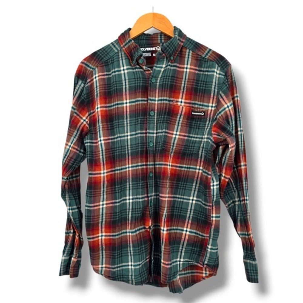 Wolverine Mens Plaid Flannel‎ Long Sleeve Button Up Shirt Green Red Size Medium